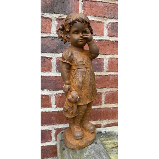 Rusty Cast Iron Girl Holding Teddy