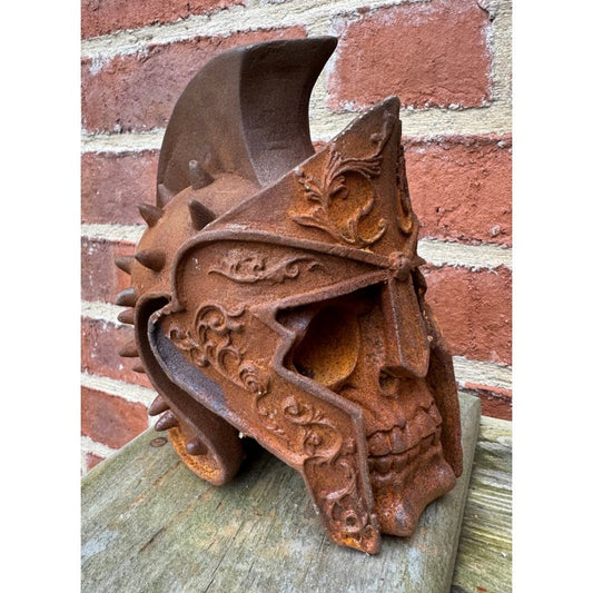 Rusty Cast Iron Skull With Centurion Helmet